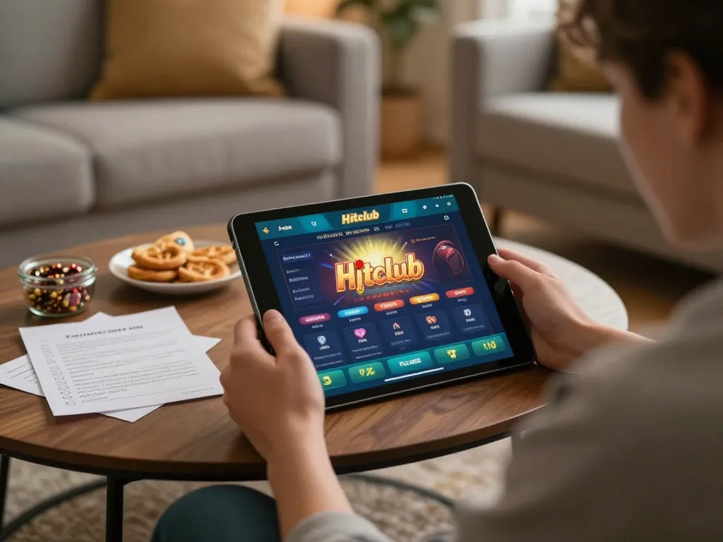 Player using Hitclub app on tablet for online betting in a cozy home environment