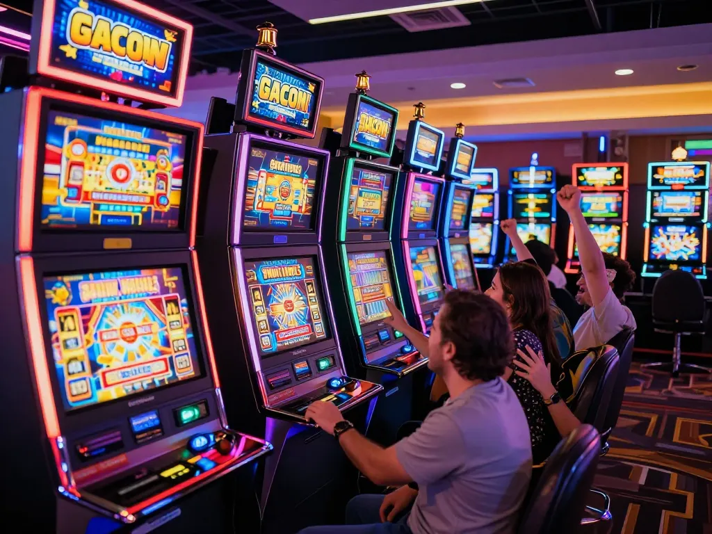 Players celebrating wins on vibrant Slot Gacor machines in a lively casino atmosphere.