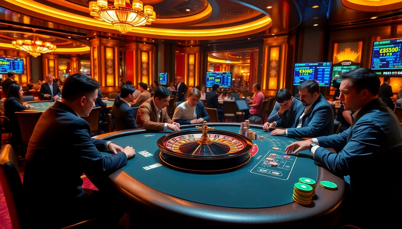 Experience the thrill at F168 casino with players enjoying high-stakes poker and vibrant gaming tables.