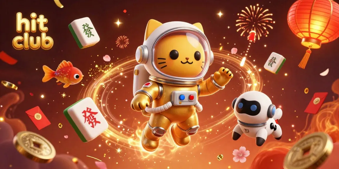 Engage in the thrill of hit club gaming with a vibrant scene of an astronaut cat and robot dog surrounded by festive casino elements.