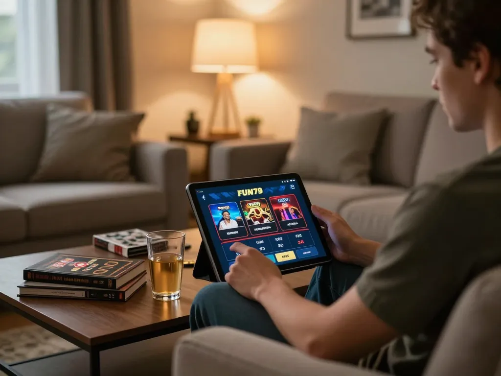Engaging in online gaming at trang chủ fun79 from a comfortable living room setup, featuring a person using a tablet.