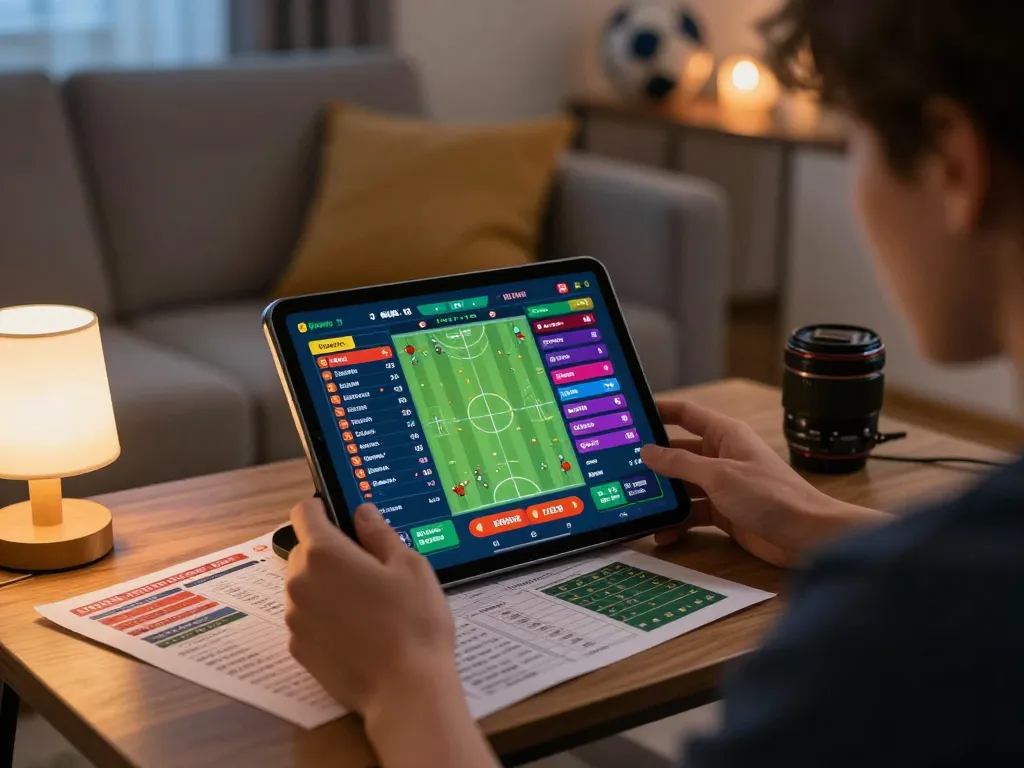 Engaging in FABET's online sports betting with live odds displayed on a tablet amidst a cozy home setting.
