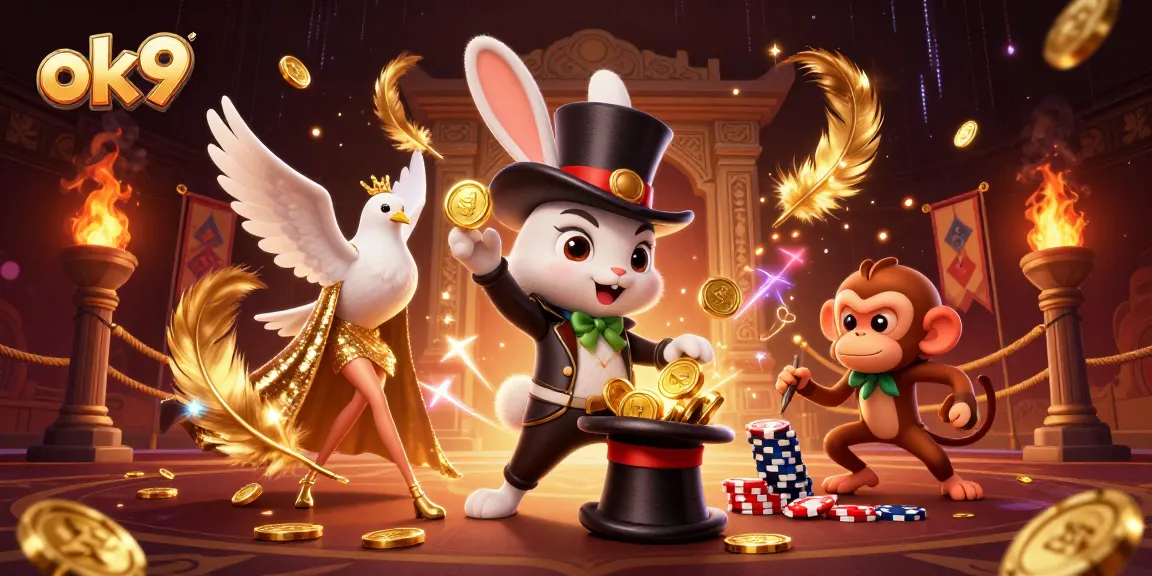 Engage in thrilling action at ok9 casino with a magical scene featuring a rabbit, dove, and monkey.