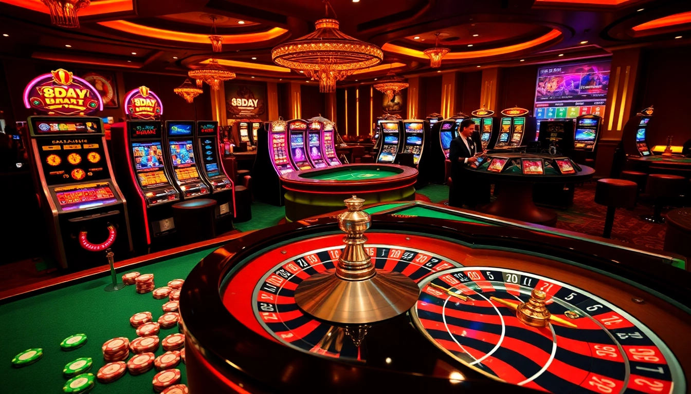 Experience the thrill of 8DAY in a vibrant casino scene filled with tables, slot machines, and excited players.