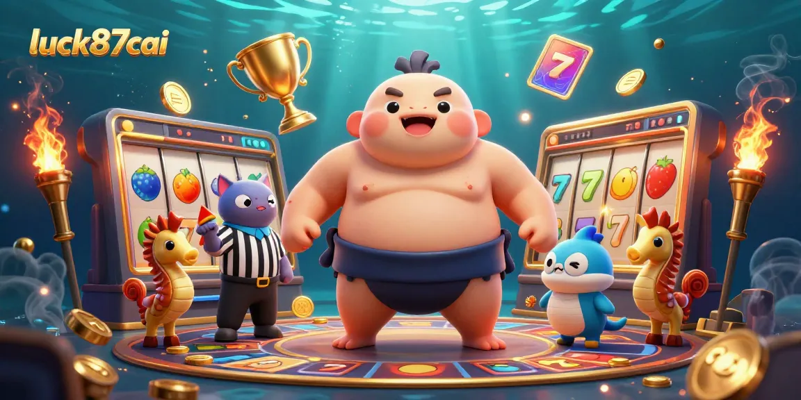 Luck87cai's vibrant underwater casino scene featuring a fugu in a sumo belt alongside a catfish referee, surrounded by slot game elements.