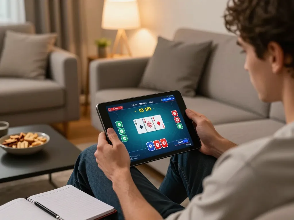 SC88 player engaging in online poker strategy session on tablet in cozy home setting