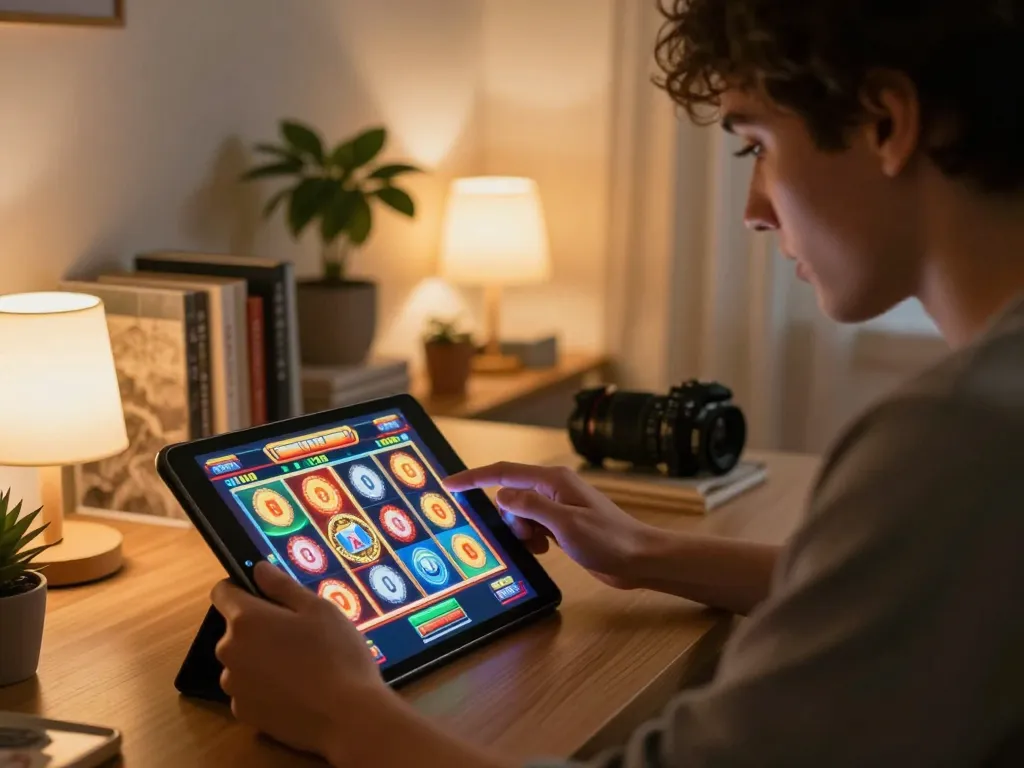 Player enjoying an exciting LLWIN online slot game on a tablet in a cozy living room