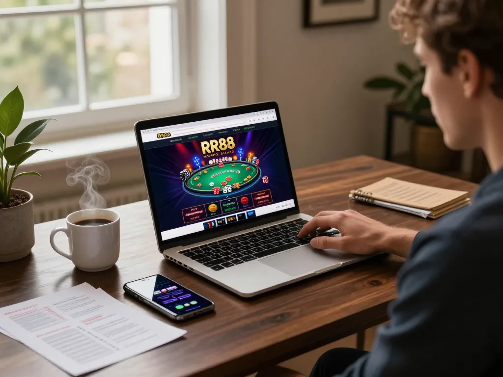 Player engaging with RR88 online casino on a stylish laptop setup while enjoying a coffee.