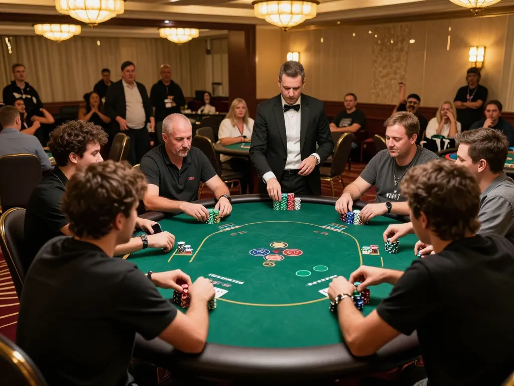 C 168 poker table scene with players strategizing during an intense tournament.