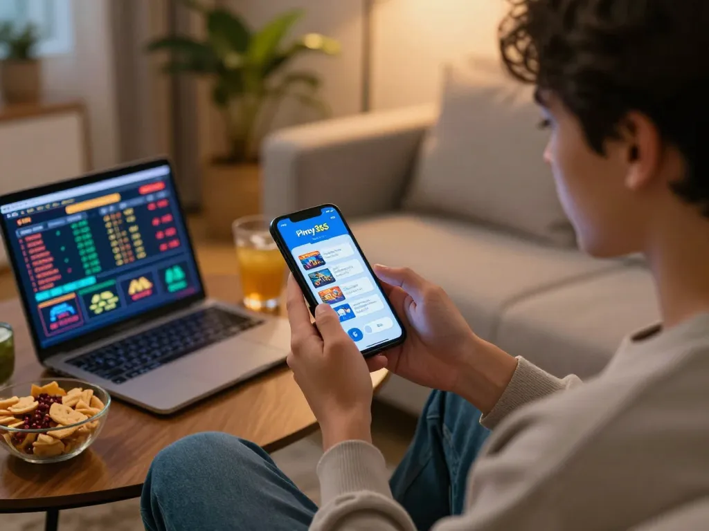 Pinoy Login in action as players engage with the Pinoy365 app while enjoying snacks at home.