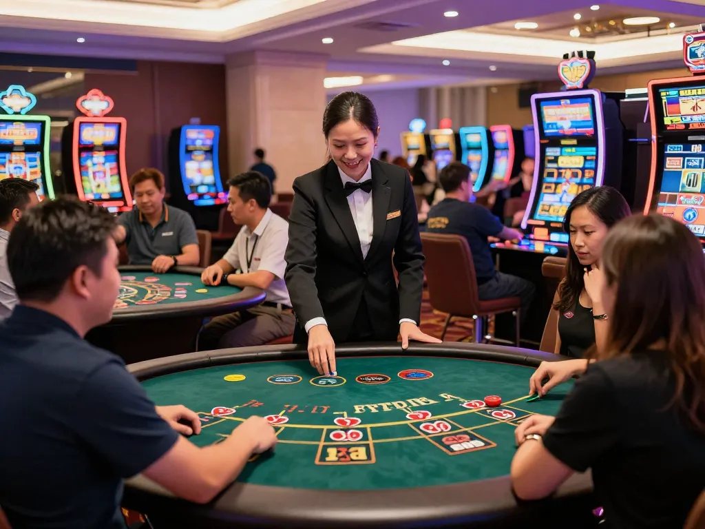 A diverse group of players enjoying games at a nhà cái uy tín casino with vibrant colors and engaging atmosphere.