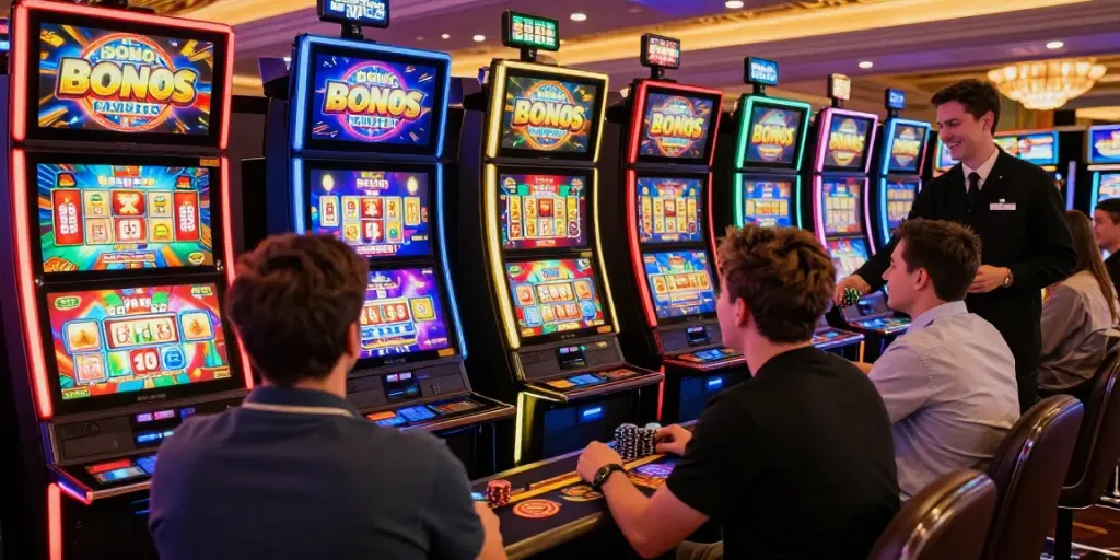Players enjoying Bonus Buy slots at a vibrant casino, with dynamic win animations on colorful screens at https://stargazyinn.co.uk