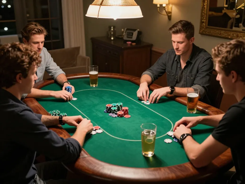 Engaging home poker night scene featuring friends playing at RR 88 poker table