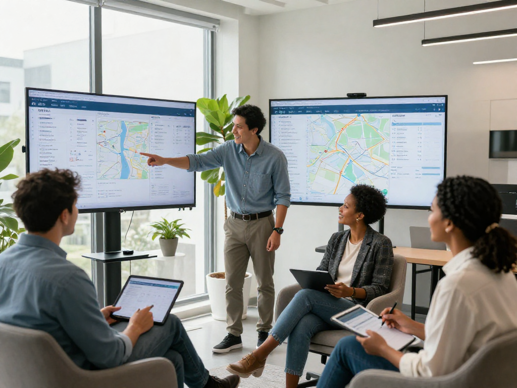 Engaging real estate team at work using IDXSTAR listings in a modern office setup.