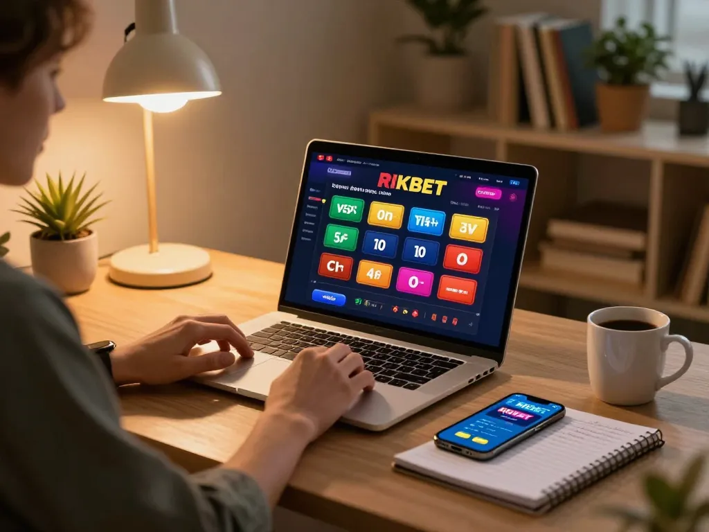 Player engaged with RIKBET's online casino platform, surrounded by strategic notes in a cozy gaming setup.