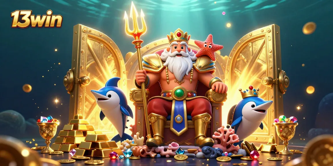 Win big at 13win with Neptune, surrounded by treasures and gaming elements in a vibrant casino scene.
