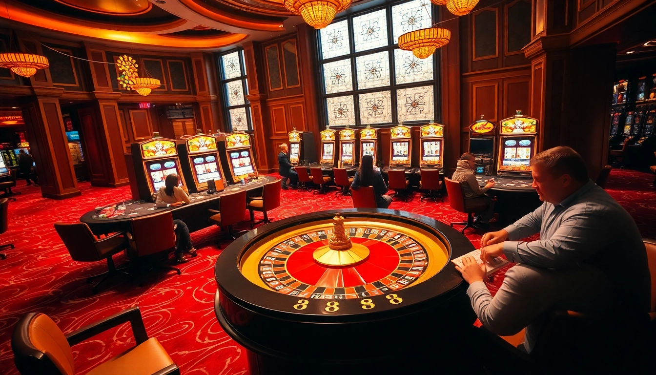 Players enjoying a high-stakes game at the luxurious 888b casino table with vibrant slot machines in view.