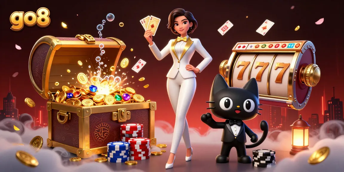 Join the excitement at go8, where a stylish dealer shuffles cards amidst vibrant casino elements and treasures.
