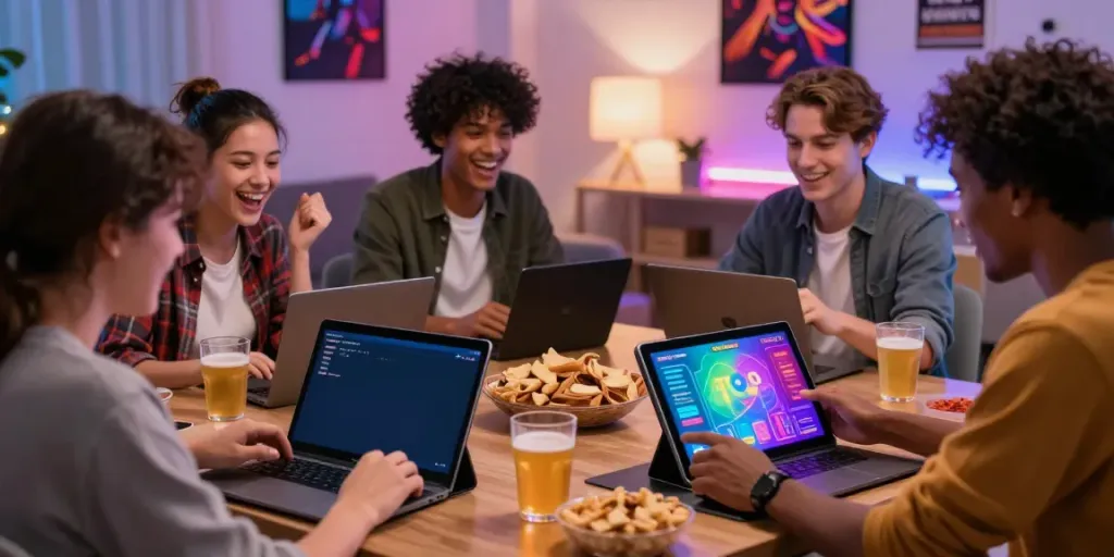 Exciting online gaming moment with friends enjoying C168 casino games in a cozy living room.