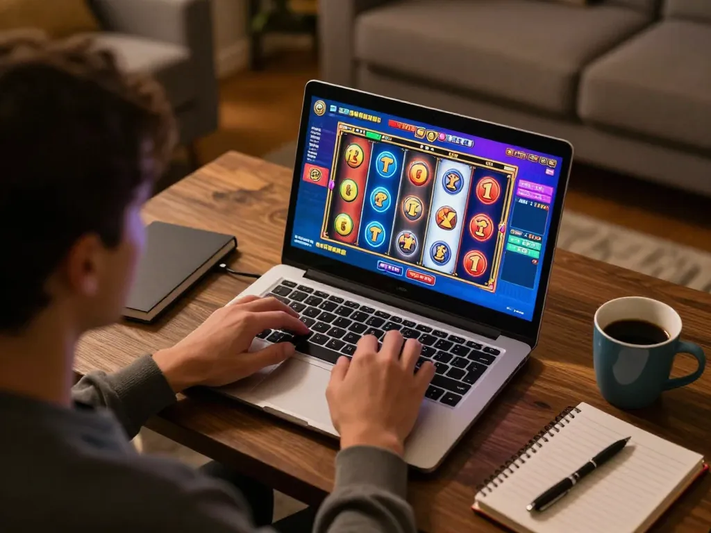 Active gaming experience with hay win slots on laptop in a cozy home setting
