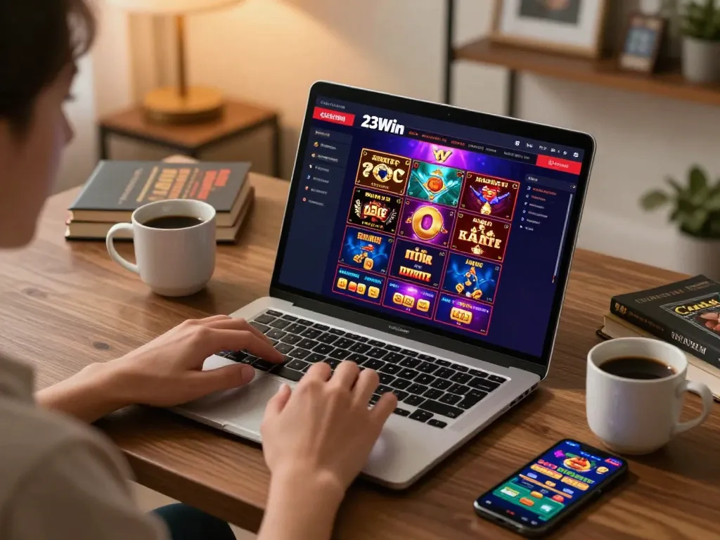 Engaged player enjoying 23Win online casino games on laptop and smartphone in cozy home setting