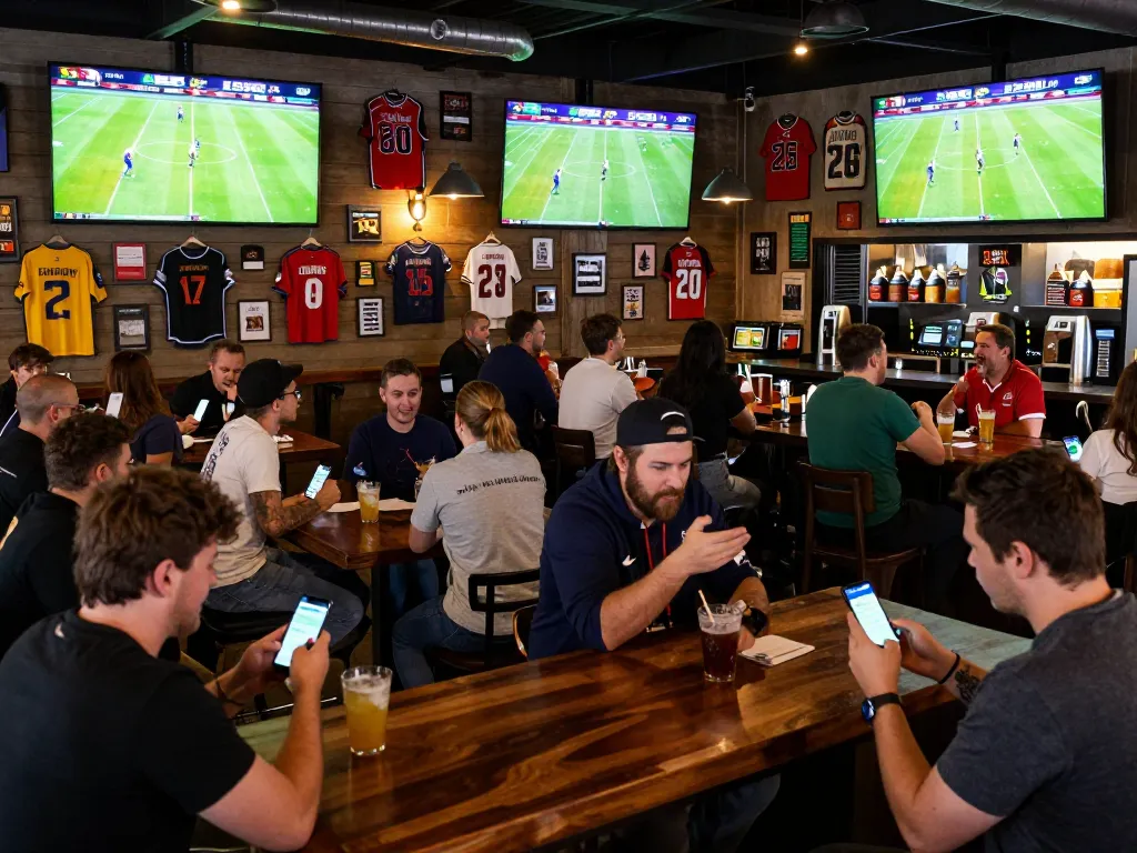 Fans engaging in footballresults betting during live matches at an energetic sports bar