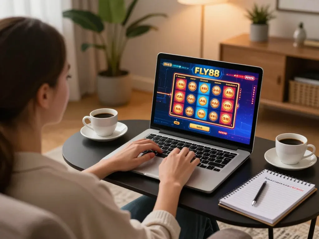 Person engaging in online gaming with FLY88 on a stylish laptop in a cozy home environment.