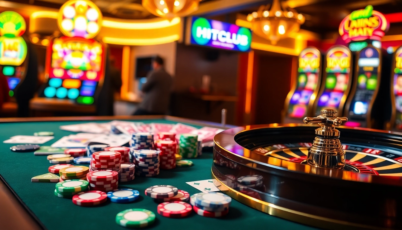 Exciting casino gaming experience at HITCLUB featuring vibrant tables, chips, and roulette wheel.