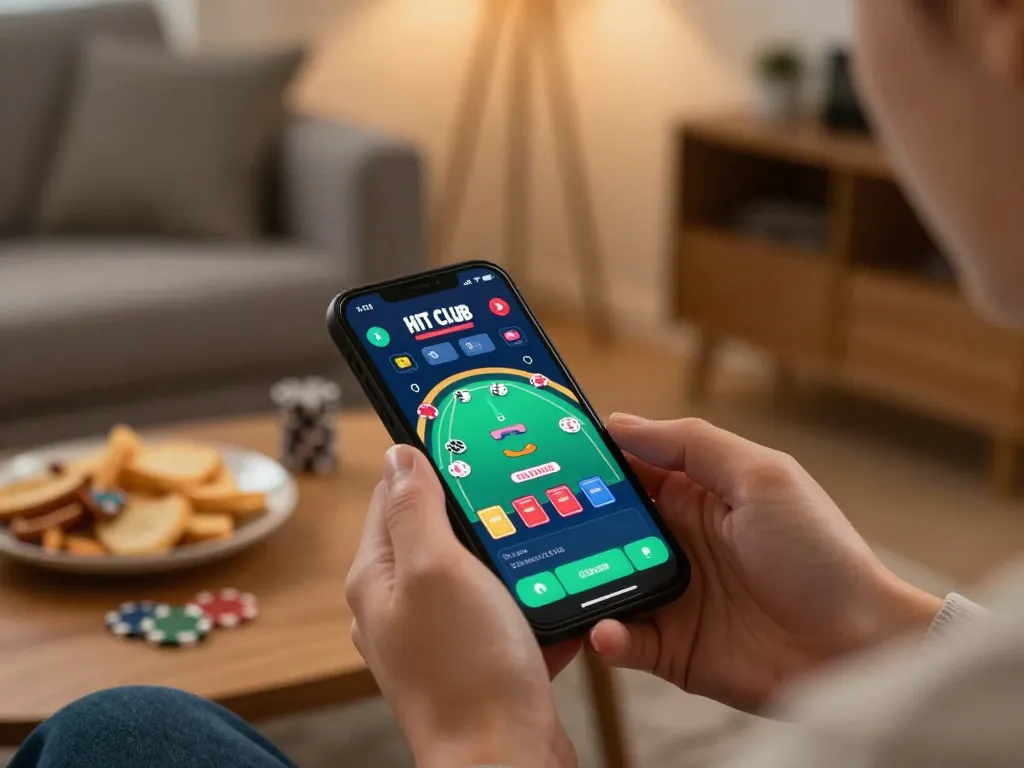 Person actively engaging with the HIT CLUB app for online gambling in a cozy home setting.