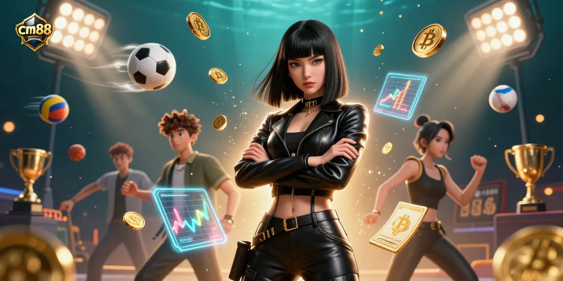 Engage with cm88 through a thrilling 3D casino illustration depicting dynamic sports betting elements.