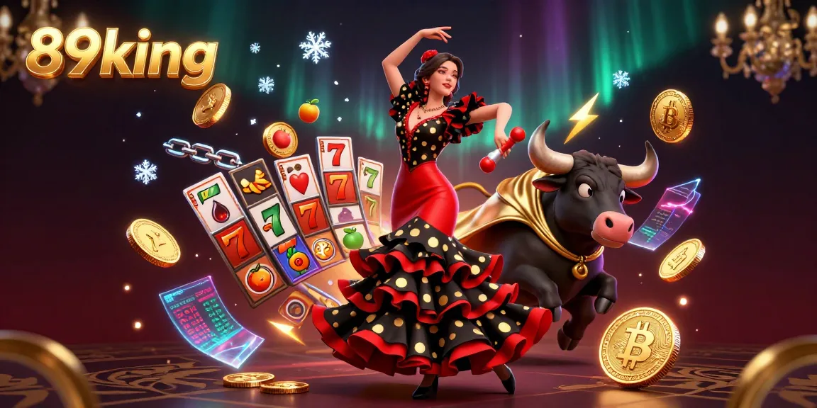 Engage with the vibrant energy of 89king casino through dynamic slots and dancing characters in this stunning illustration.