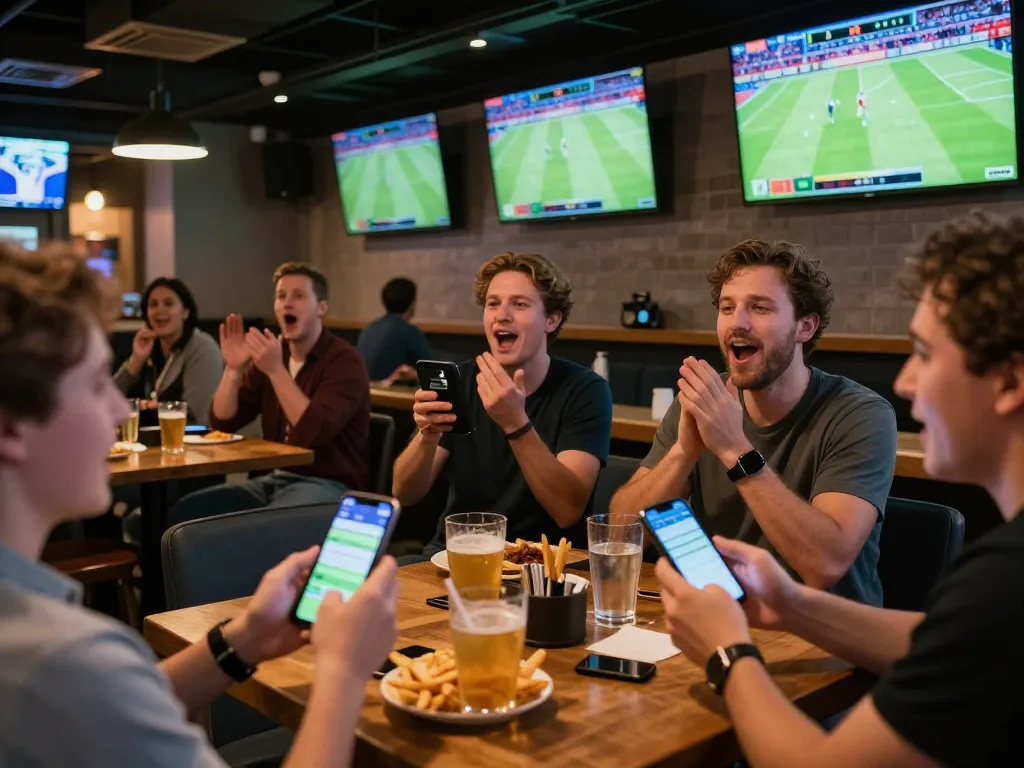 Excited patrons betting on fooballl matches at a lively sports betting bar.