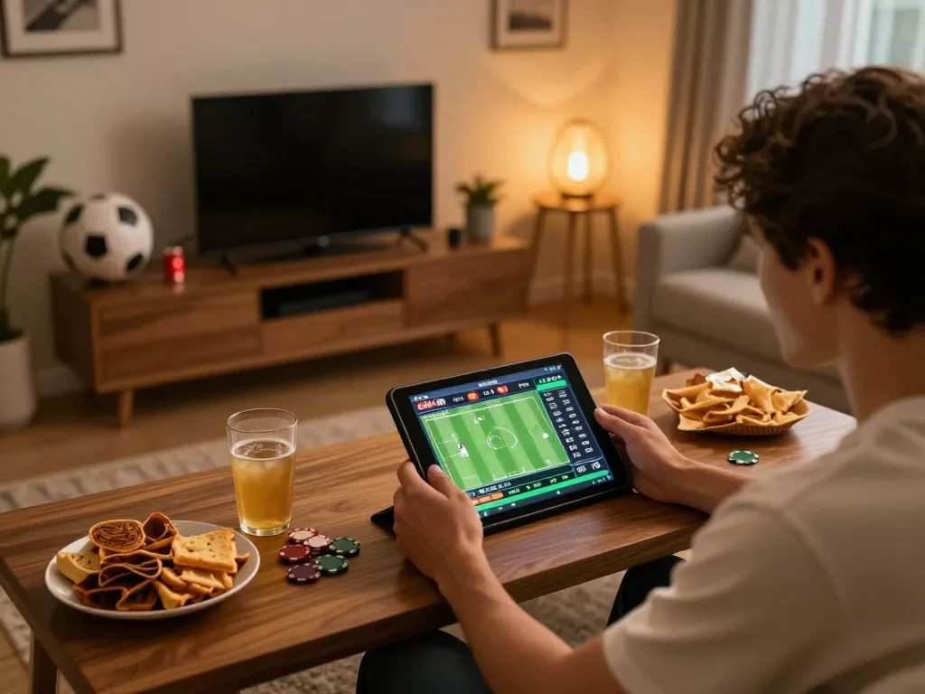 Kết quả bóng đá displayed prominently on a tablet during an intense sports betting session, illustrating dynamic betting opportunities.