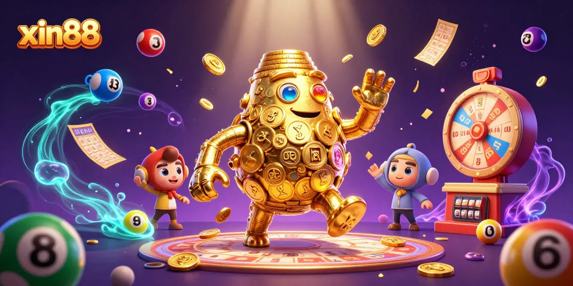 Experience thrilling gaming at xin88 with a golem of fortune surrounded by colorful lottery elements.