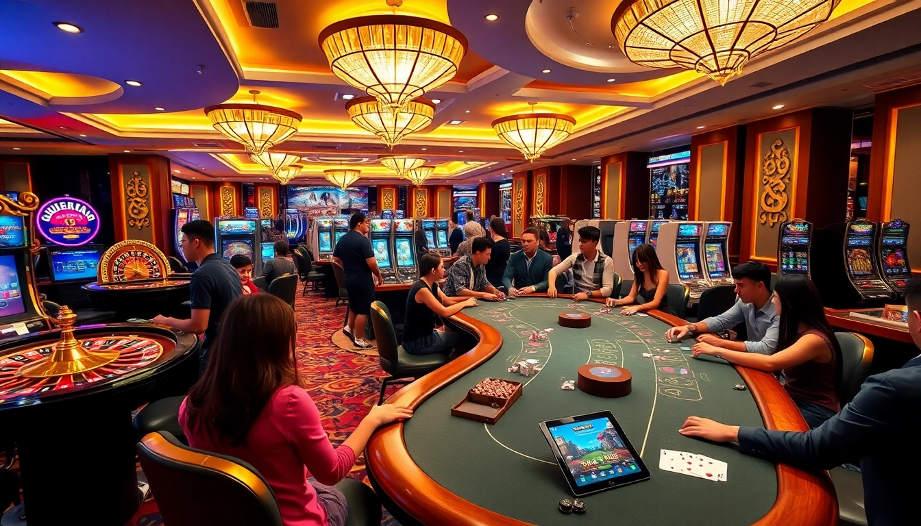 Exciting go88 casino gaming scene with roulette, slot machines, and enthusiastic players.