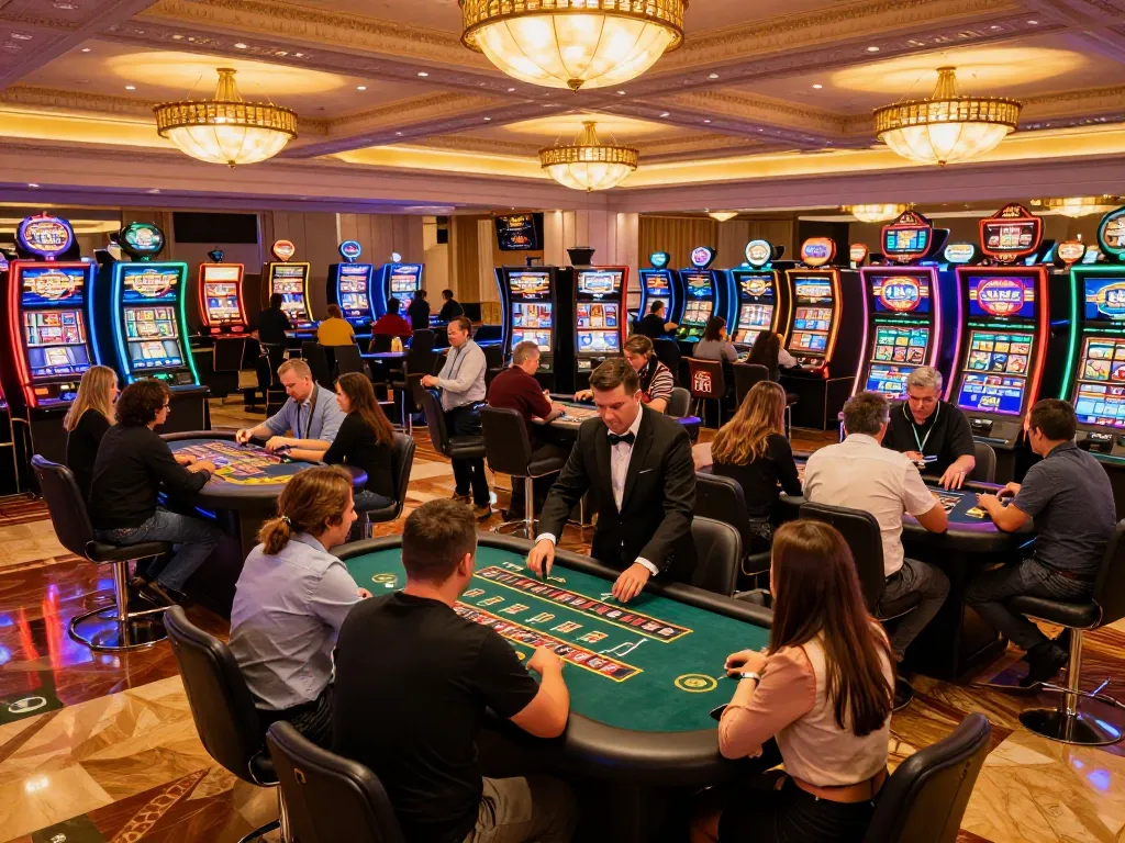 Engaged players enjoying diverse games at du88.autos casino gaming floor under warm ambient lighting