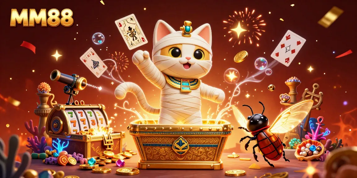 Experience the excitement of MM88 with a vibrant casino illustration featuring unique characters and games.