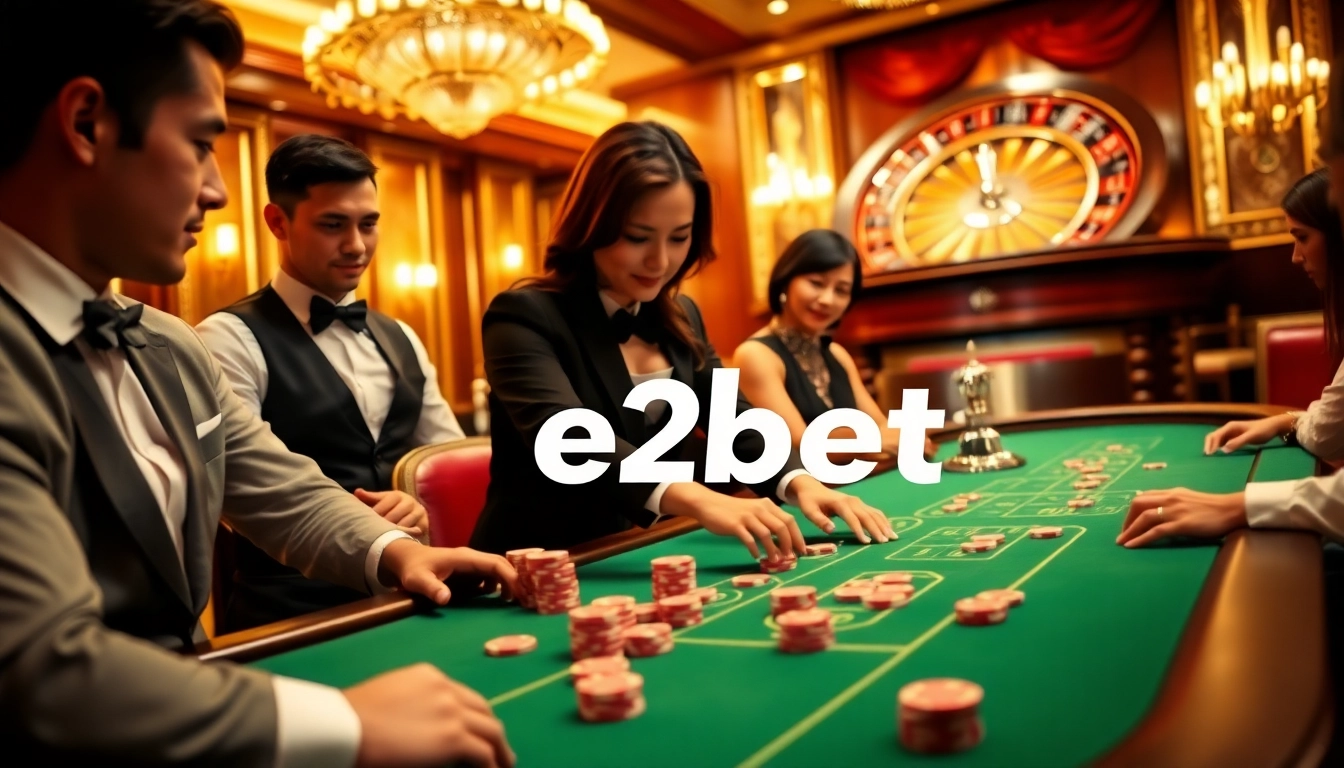 Experience excitement at e2bet .com with a vibrant casino scene featuring poker chips and a lively blackjack table.