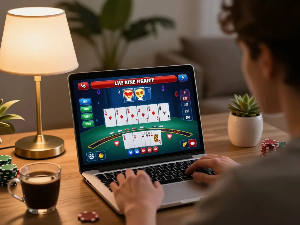 Twiin68 players enjoying strategic blackjack at home, focused on live game interface with cozy lighting.