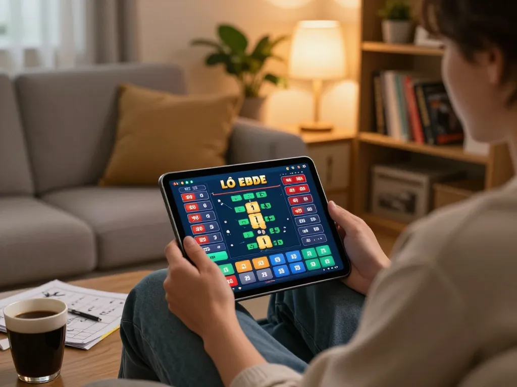 Person playing lô đề online on a tablet at home, showcasing a cozy atmosphere and strategic engagement.