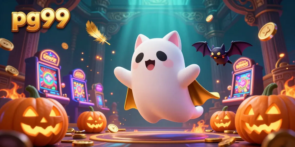 Experience the thrilling atmosphere at pg99 with a ghost cat and bat in a vibrant casino setting.