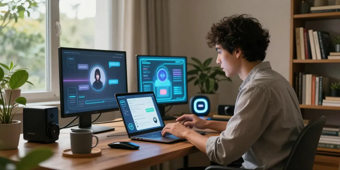 Engaging scene of a user exploring sex chat ai with a vibrant AI chatbot on a laptop in a cozy home study.