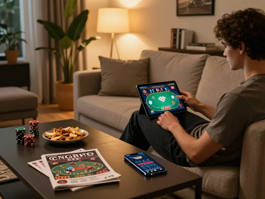 Tg88 player enjoying poker on tablet in a cozy home setting with snacks and drinks.