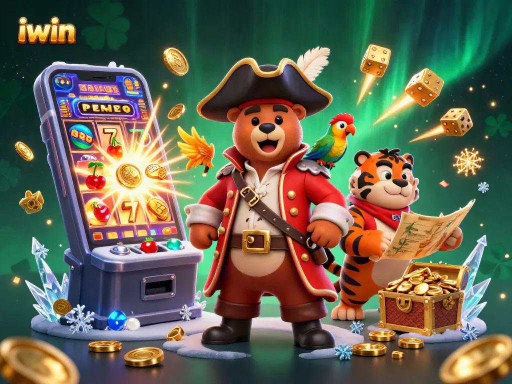 Spin thrilling jackpots at iwin with a pirate bear, tiger first mate, and gold coins bursting from slot machines.