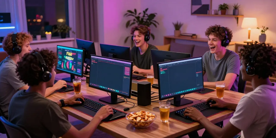 Friends enjoying a lively F168 gaming night at home with vibrant decor.