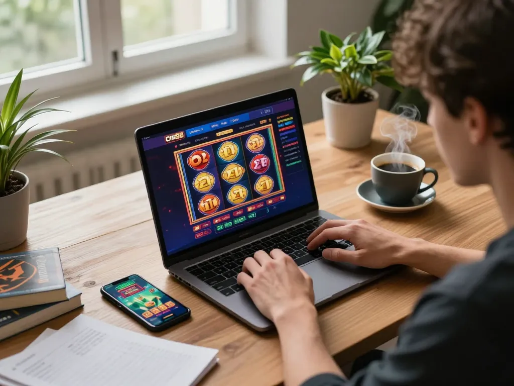 Engaging with cm88's online casino interface on a laptop while studying gaming strategies