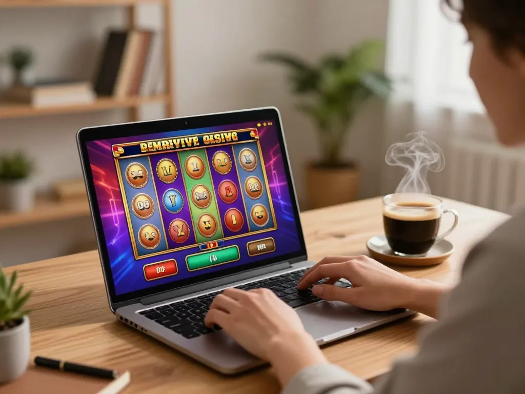 Engaging in online casino gaming at home with 789win slot interface visible.