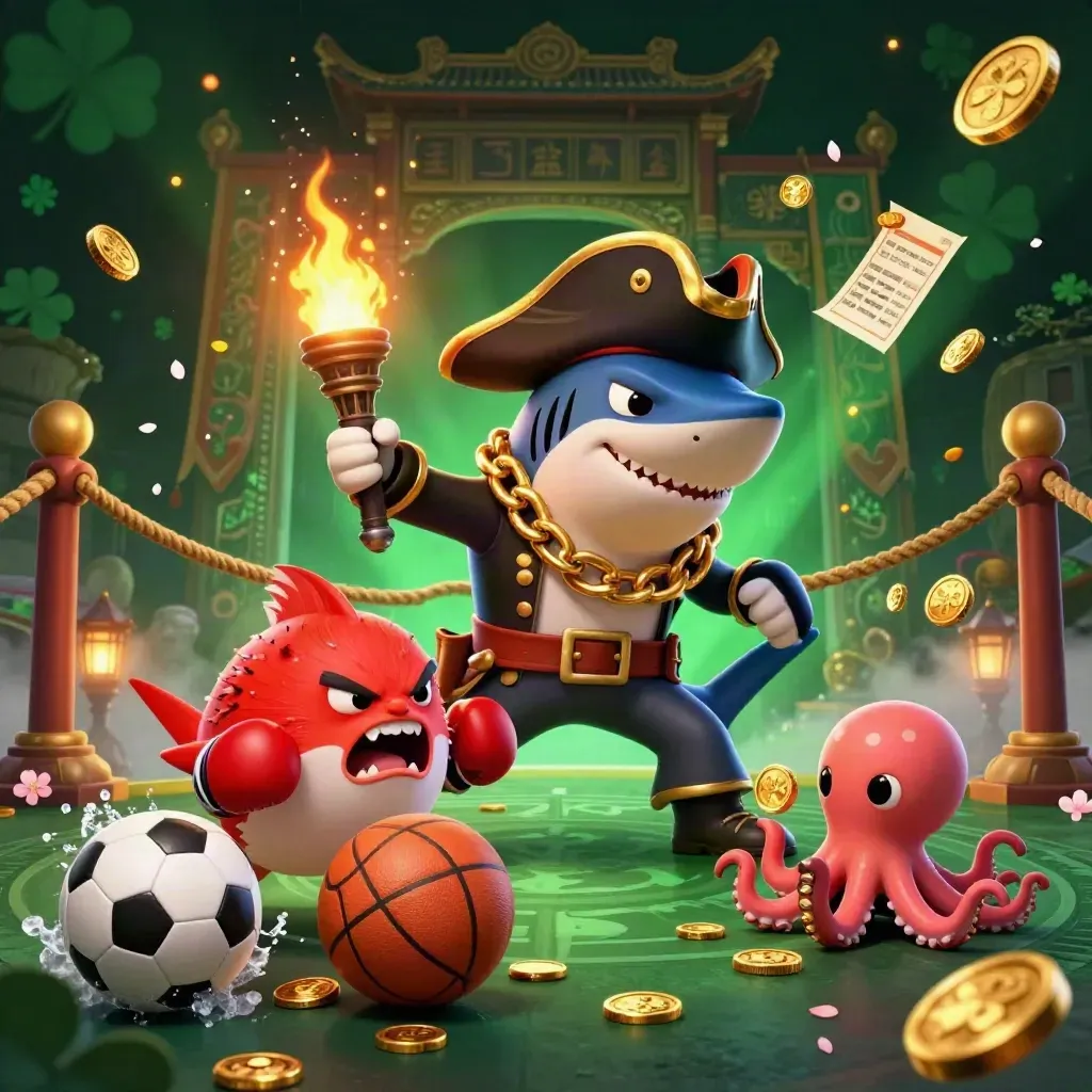 Pirate shark, boxing pufferfish and juggling octopus amid coins, balls, temple lights and gold fog.