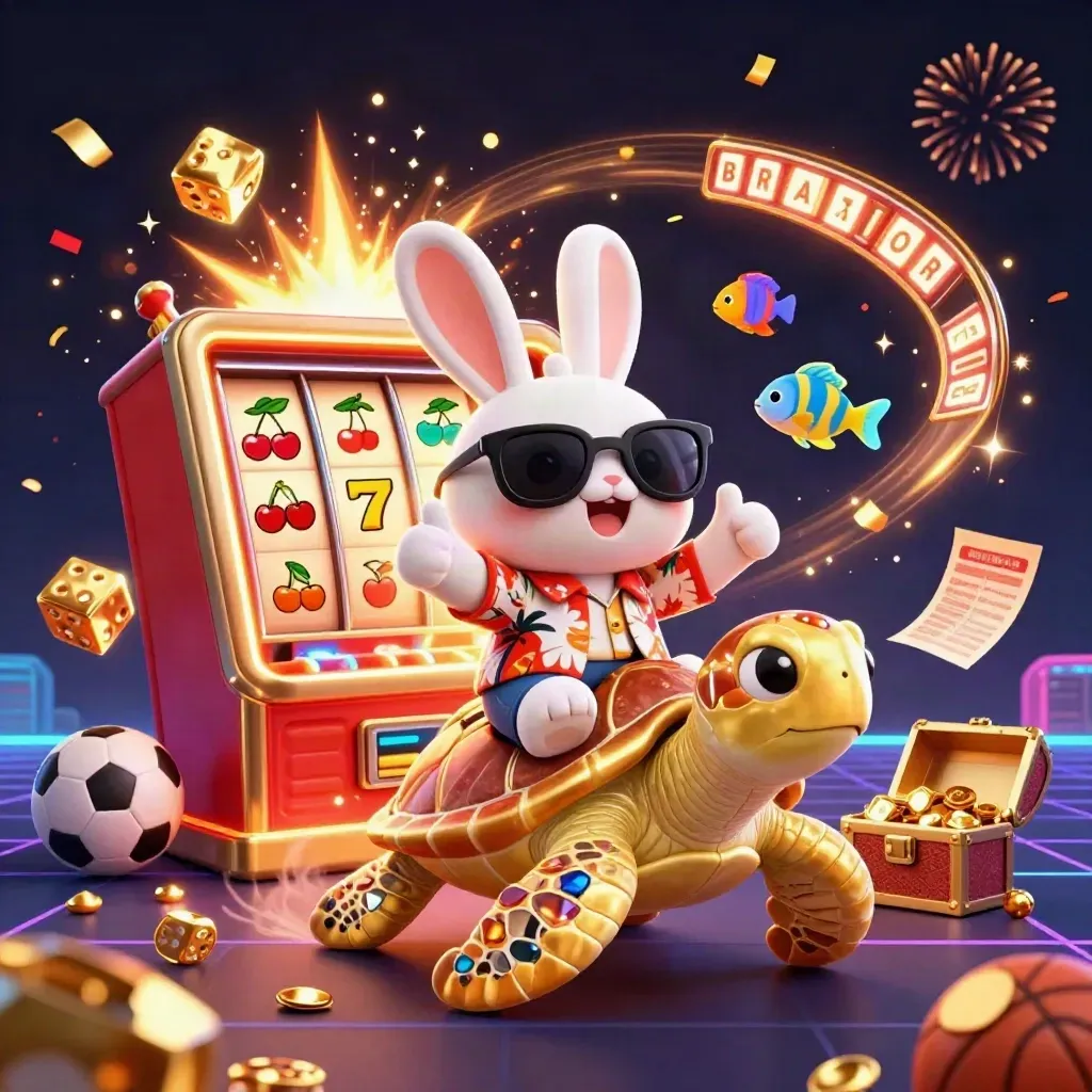 Rabbit on golden turtle amid casino symbols, confetti, fireworks and sports balls.