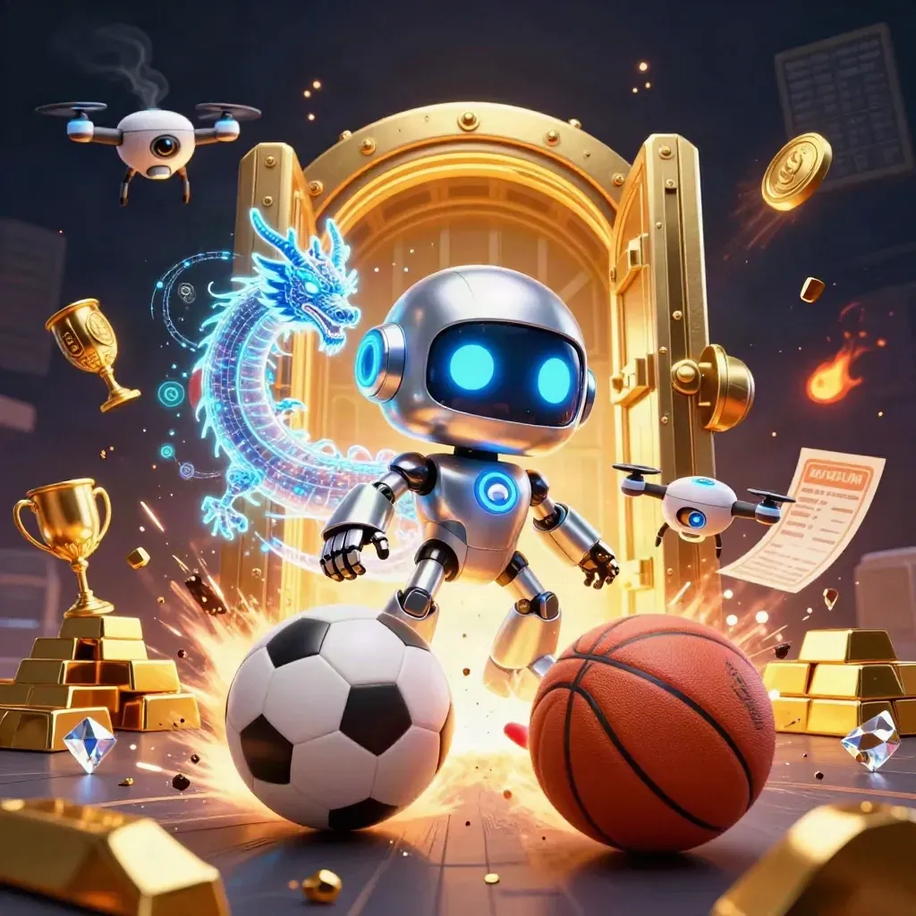 Cyberpunk robot, holographic dragon and coin drone amid gold vault, balls, gems and blue sparks.